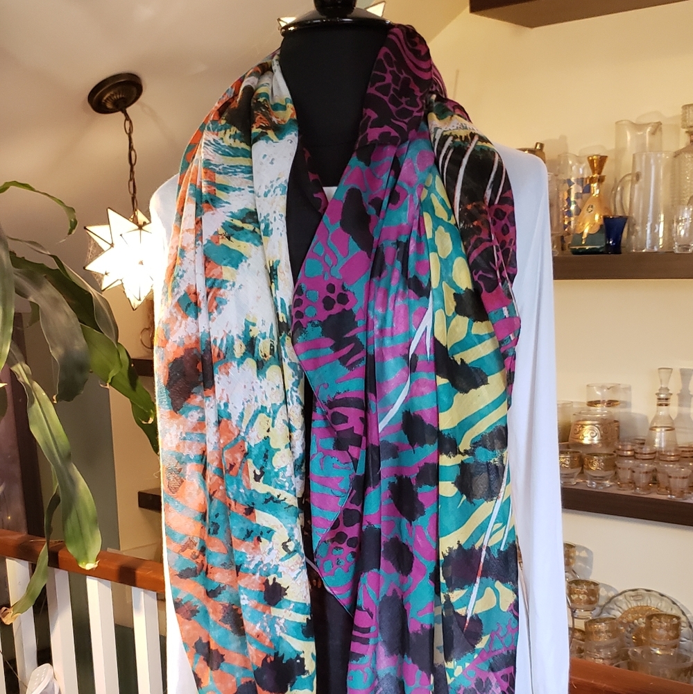 Large Leopard Sillouett Sheer Colorful Shawl Scarf